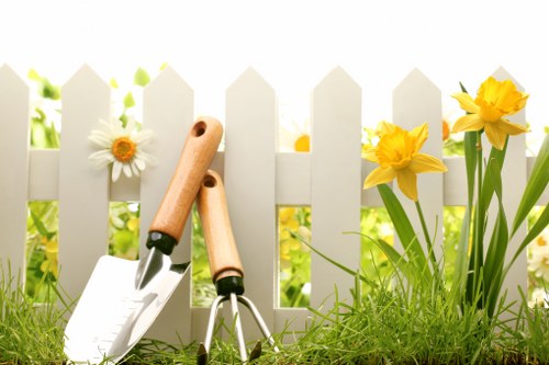 Back garden landscaping features in Brockley with patio and borders